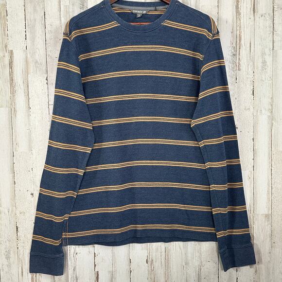 Toad Co Waffle Knit Thermal Shirt Mens Large Striped Blue Tan Organic Cotton EUC - Picture 1 of 8
